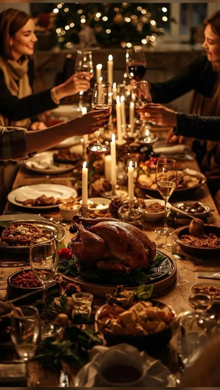 Friends raising a toast over a candlelit holiday feast